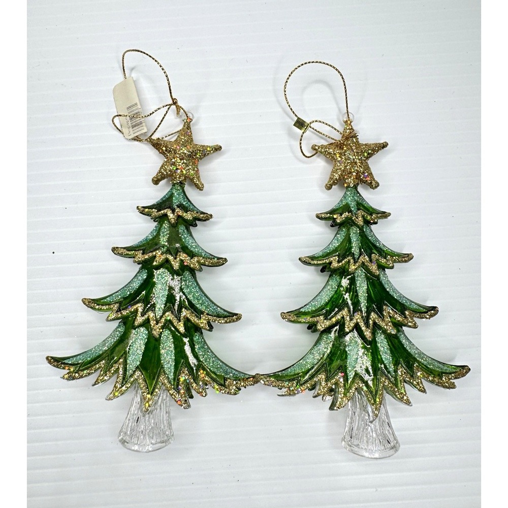 Department 56 Green Gold Glitter Tree Hanging Ornaments Set of 2 Christmas NWT